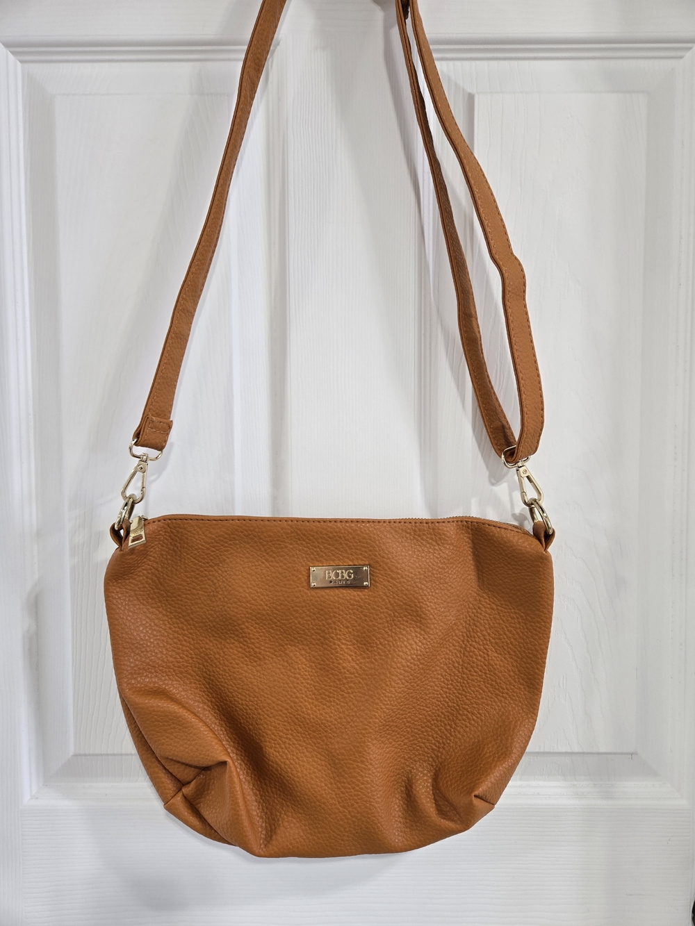 BCBG Cognac Tan Pebbled Crossbody Bag with Gold Hardware